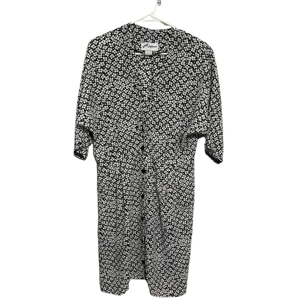 Willys Influence Women 14 Black White Floral Button Up Secretary Midi Dress 80s